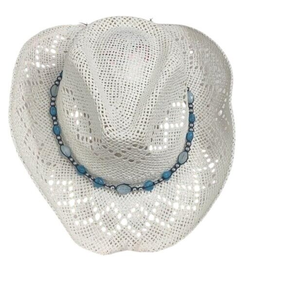 Womens White Paper Cowboy Hat With Aqua Beaded Detail - Picture 1 of 4